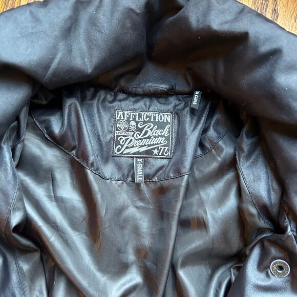 Affliction Black Premium 73 Live Fast Warm Long Puffer Coat Jacket Zip Belt XS - Picture 7 of 13